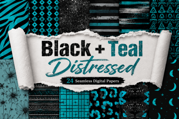 Black + Teal Distressed Digital Papers