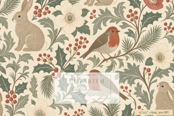 Christmas Robin Rabbit Botanical Pattern