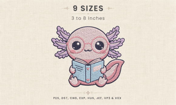 Cute Axolotl Reading Book Embroidery DST