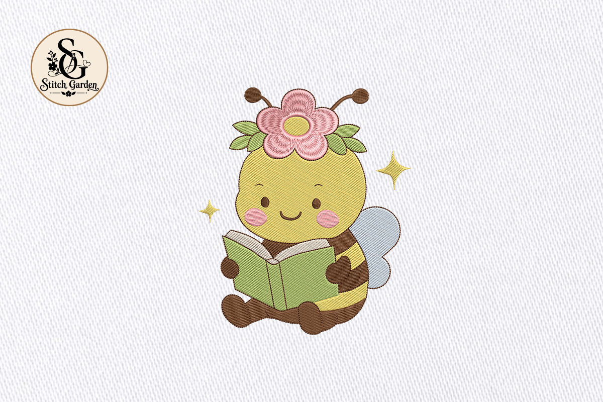 Cute Bee Reading Book Embroidery