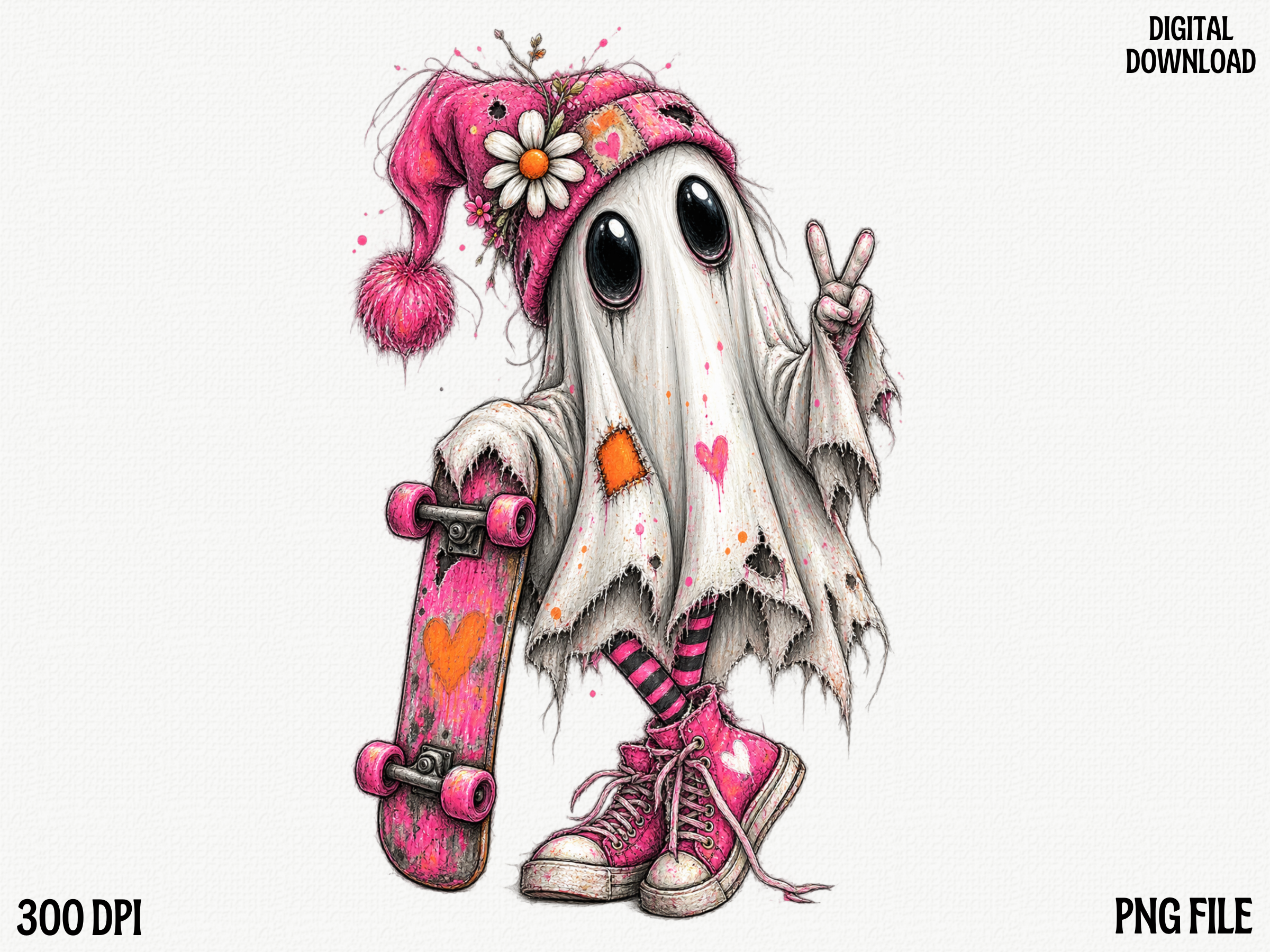 Cute Ghost Skater PNG, Pink Halloween Gh