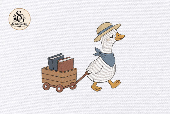 Cute Goose Book Wagon Embroidery