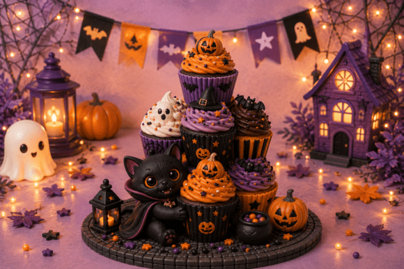 Cute Halloween Cupcake Cat Party 3D Printable Figurine STL - Image 1
