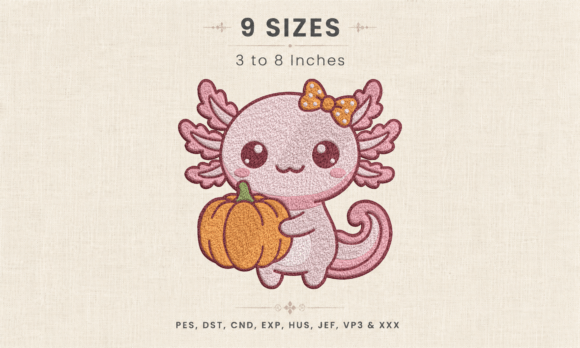 Cute Pumpkin Axolotl Autumn Embroidery