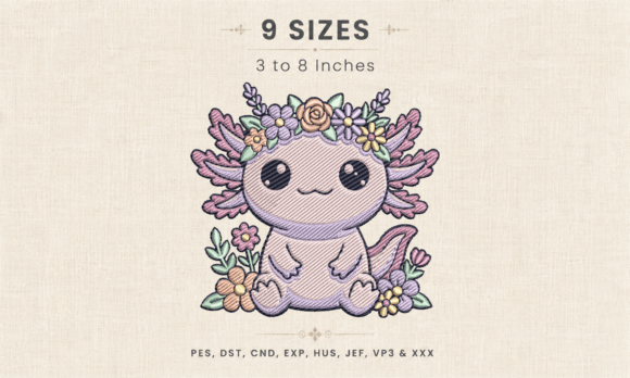 Floral Axolotl Crown Embroidery DST PES
