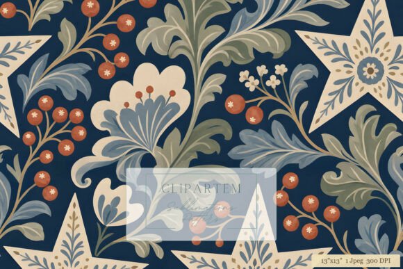 Folk Star Berry Damask Navy Blue Pattern
