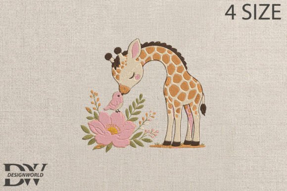 Giraffe with Flower Embroidery Design