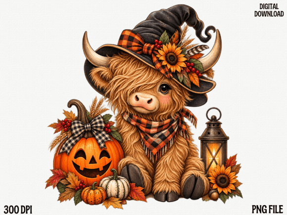 Highland Cow Halloween PNG, Cute Witch H