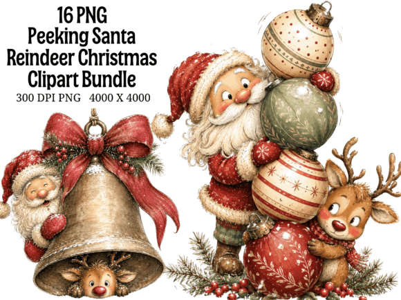 Peeking Santa Reindeer Christmas Clipart