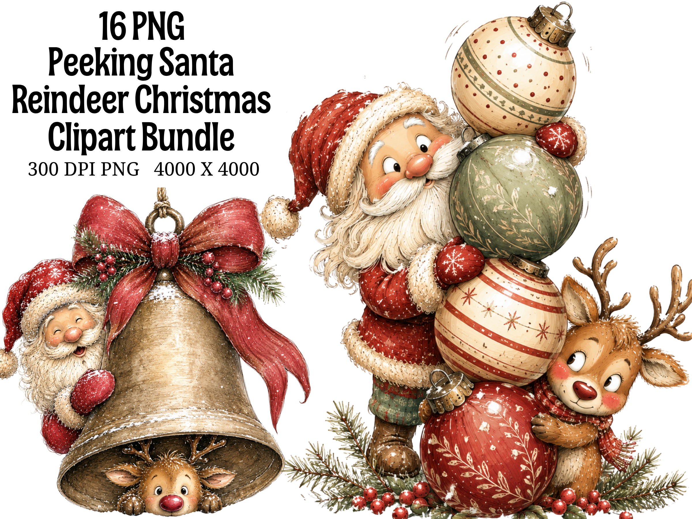 Peeking Santa Reindeer Christmas Clipart
