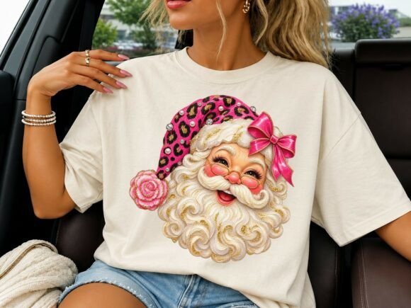 Pink Leopard Santa Claus PNG Sublimation