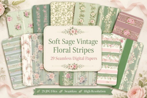 Soft Sage Vintage Floral Stripes