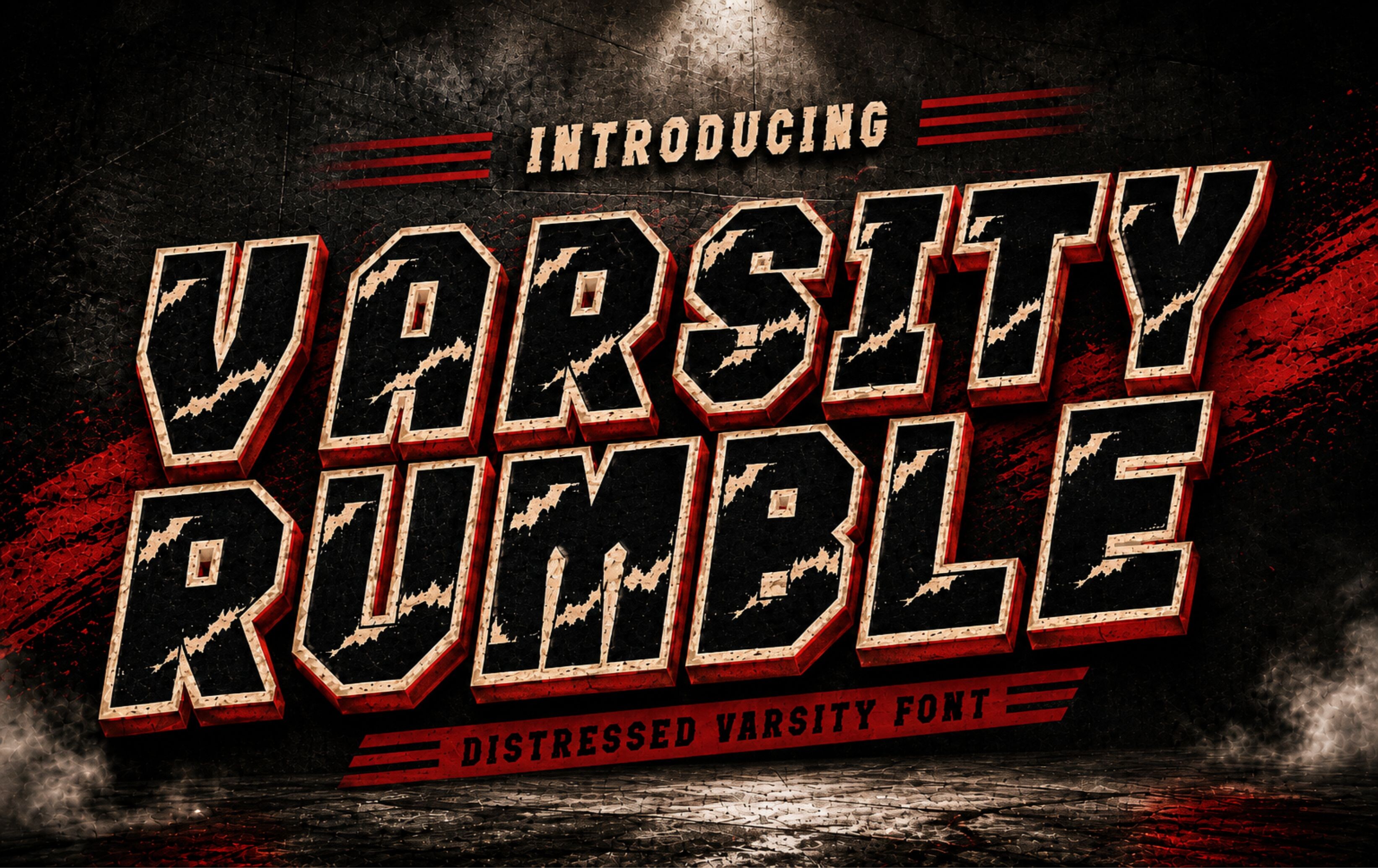 Varsity Rumble font preview in a varsity style