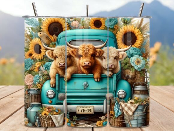 Vintage Truck Highland Cow Tumbler Wrap