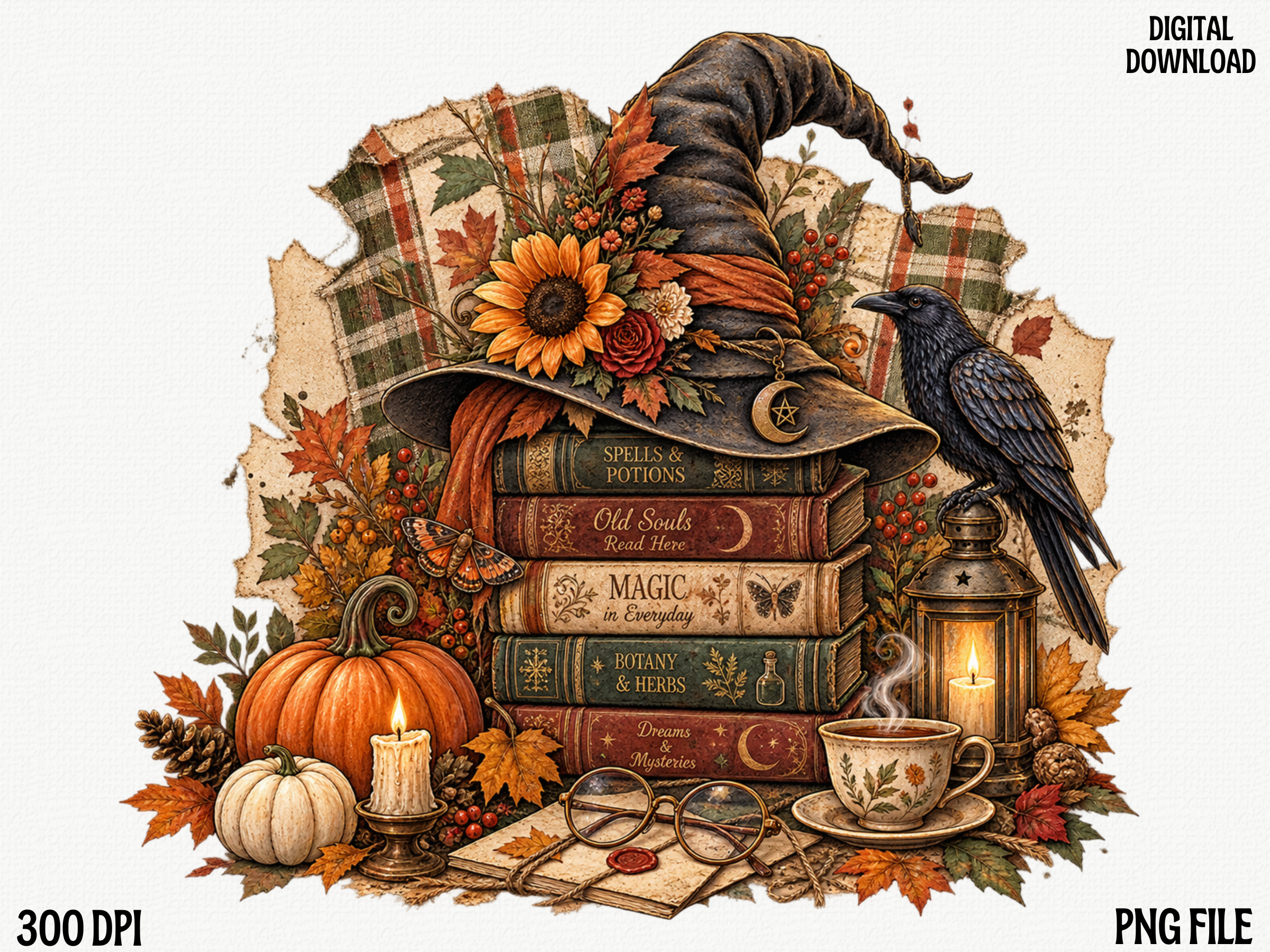 Vintage Witch Books Fall PNG, Cozy Autum
