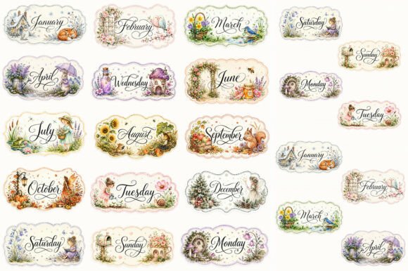 Watercolor Month and Weekday Labels PNG