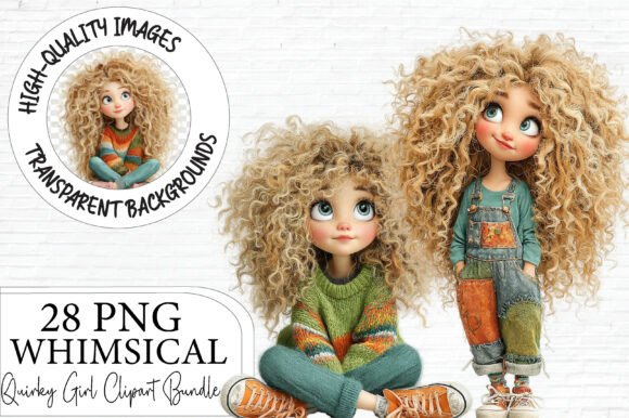 Whimsical Curly Girl Clipart Bundle PNG