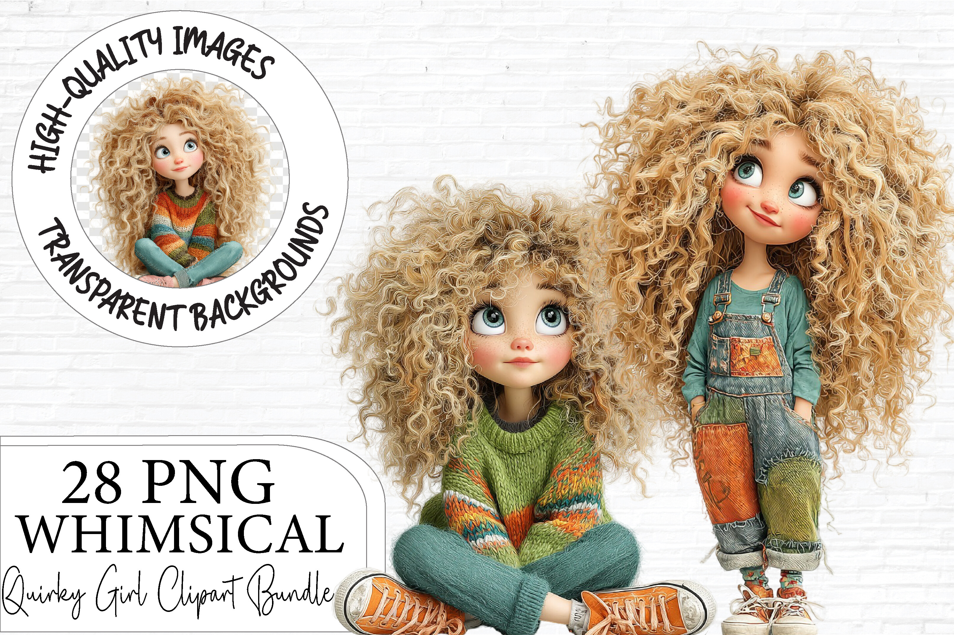 Whimsical Curly Girl Clipart Bundle PNG
