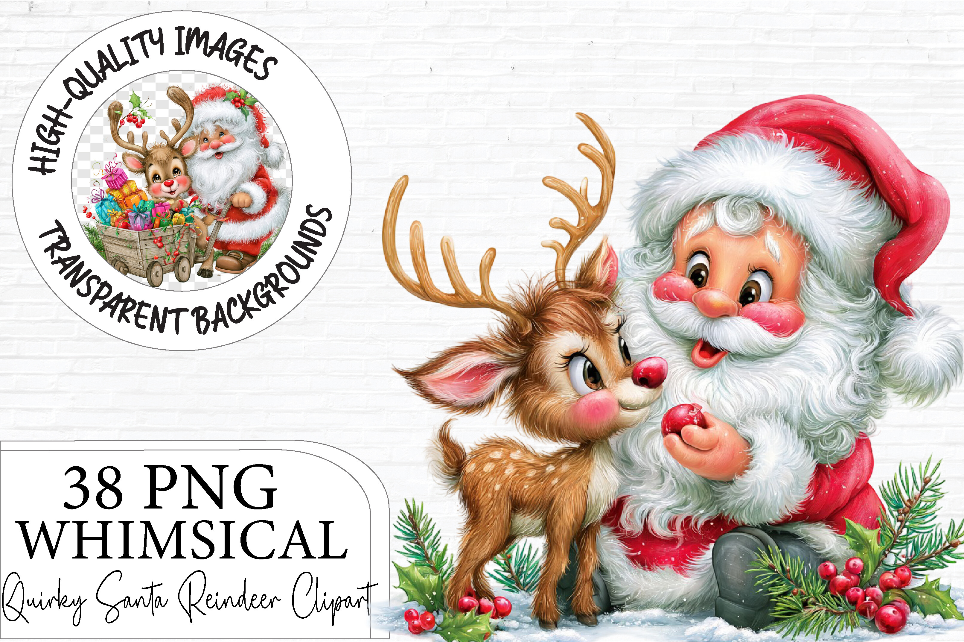 Whimsical Santa Reindeer Clipart Bundle