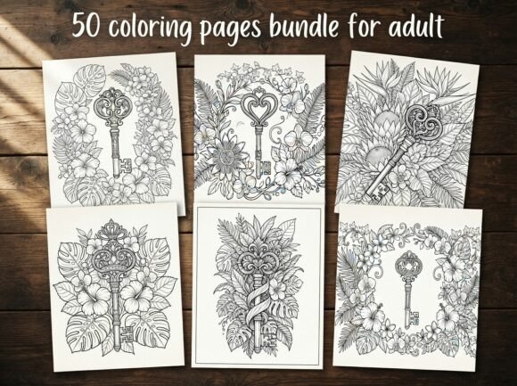 50 Floral Vintage Key Coloring Pages