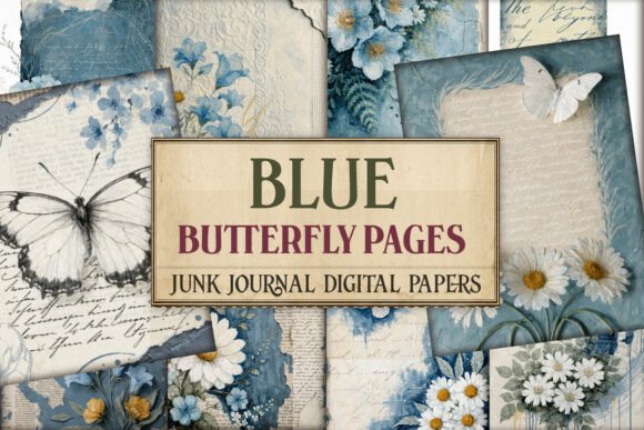 Blue Butterfly Junk Journal Pages