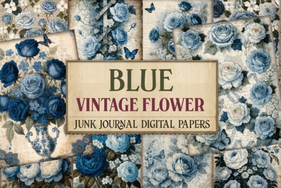 Blue Vintage Flower Junk Journal Paper