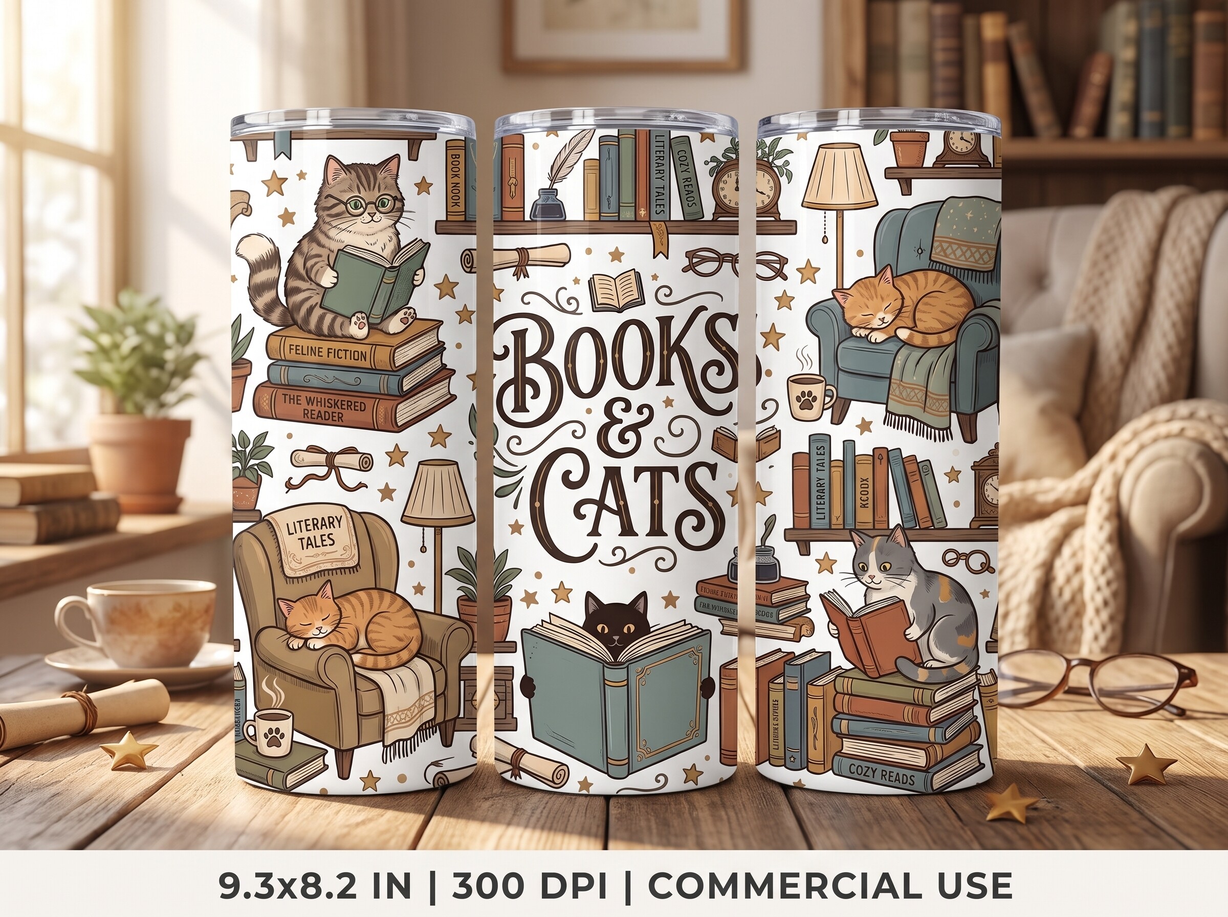Cat Books 20oz Skinny Tumbler Wrap PNG