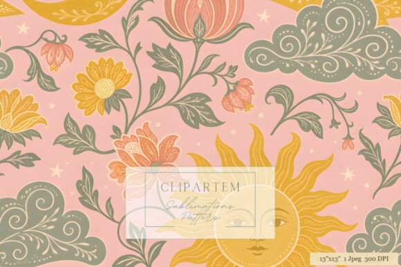Celestial Floral Sun Moon Pink Pattern