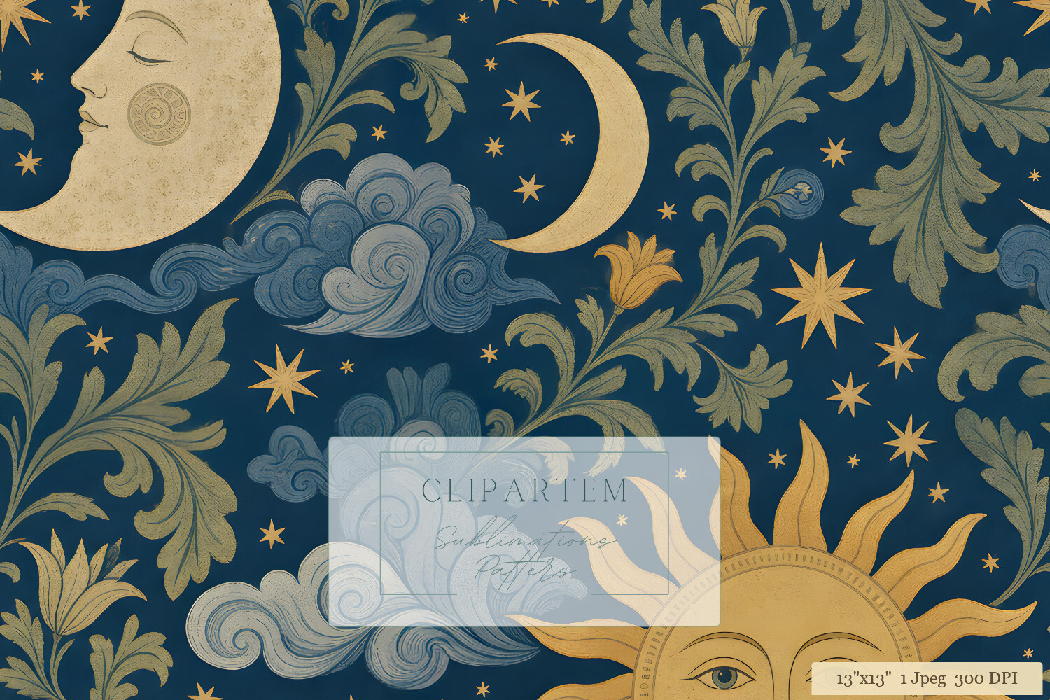Celestial Sun Moon Navy Gold Pattern