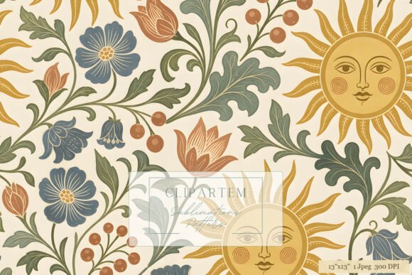Celestial Sun Morris Floral Folk Pattern