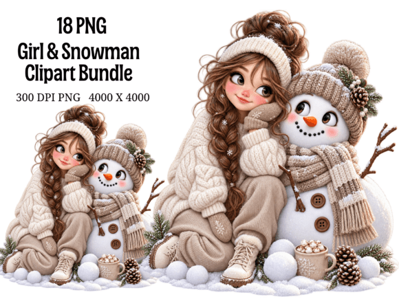 Christmas Girl & Snowman Clipart PNG Bun