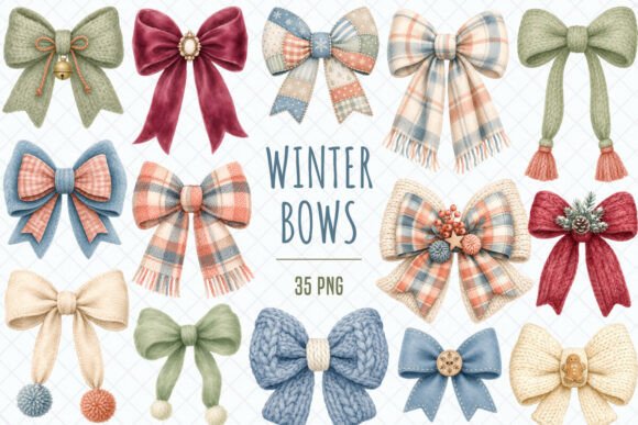 Cozy Winter Bows Watercolor Clipart