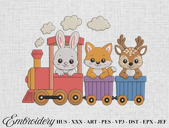 Cute Animal Train Embroidery Design