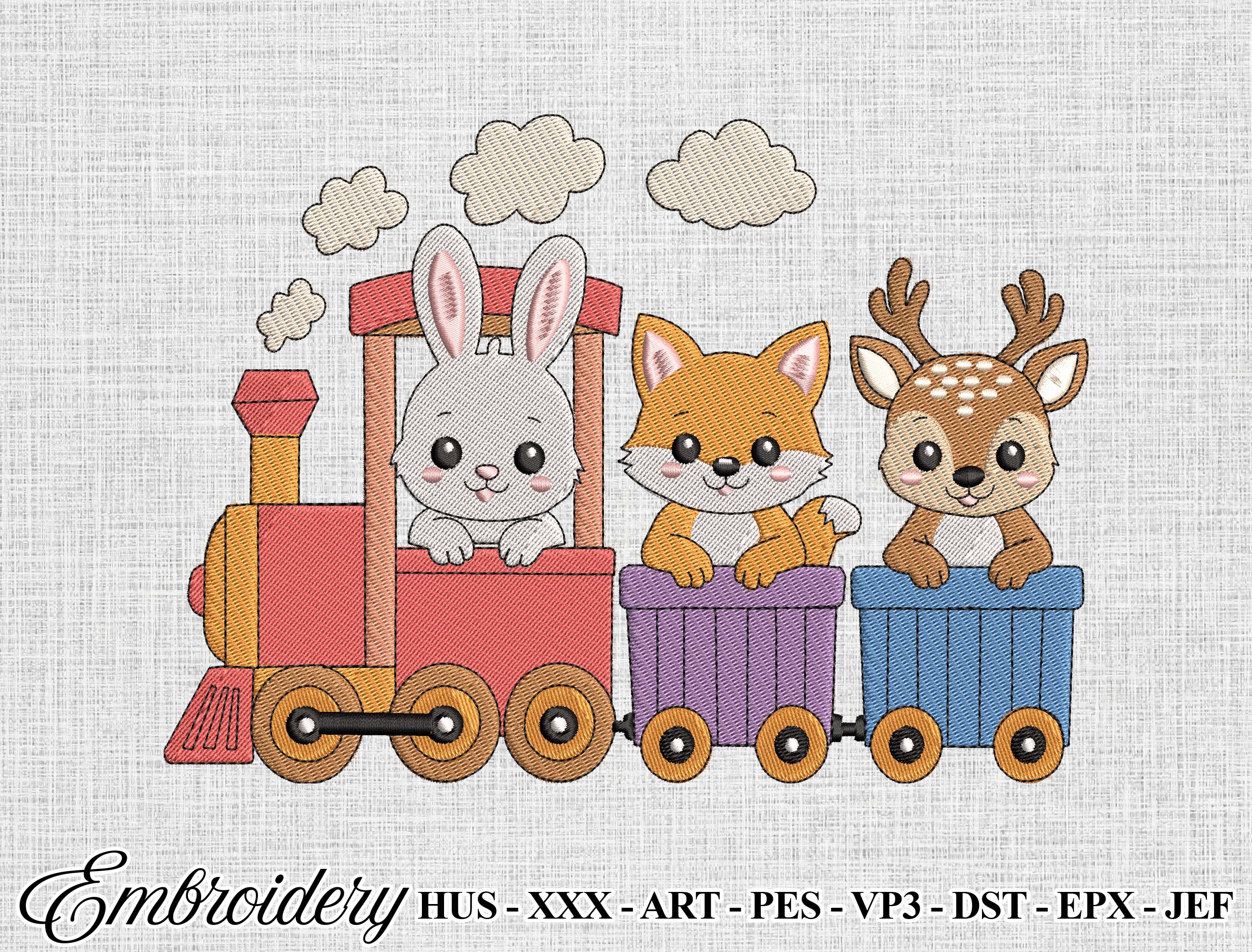Cute Animal Train Embroidery Design