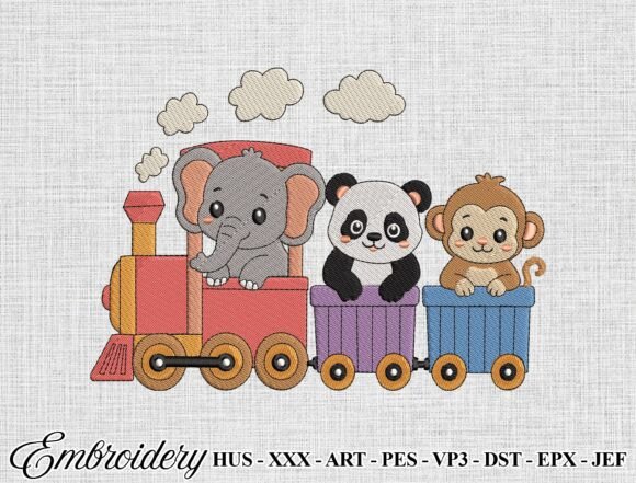 Cute Animal Train Embroidery Design