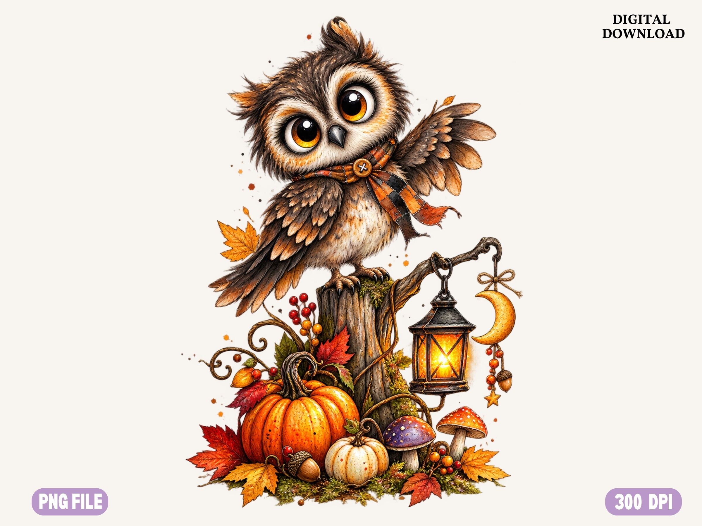 Cute Fall Owl PNG, Pumpkin Lantern Autum