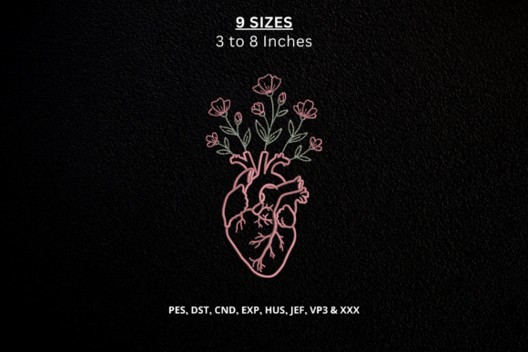 Floral Human Heart Line Art Embroidery