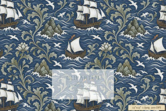 Nautical Sailing Ship Navy Blue Pattern