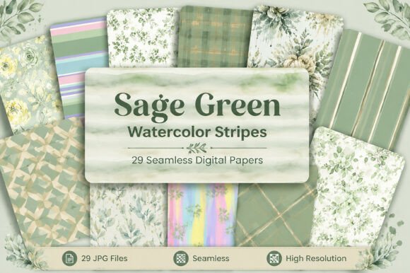Sage Green Watercolor Stripes Digital