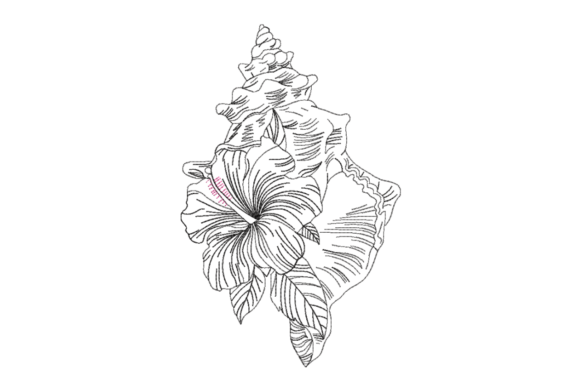 Seashell Hibiscus Floral Line Art