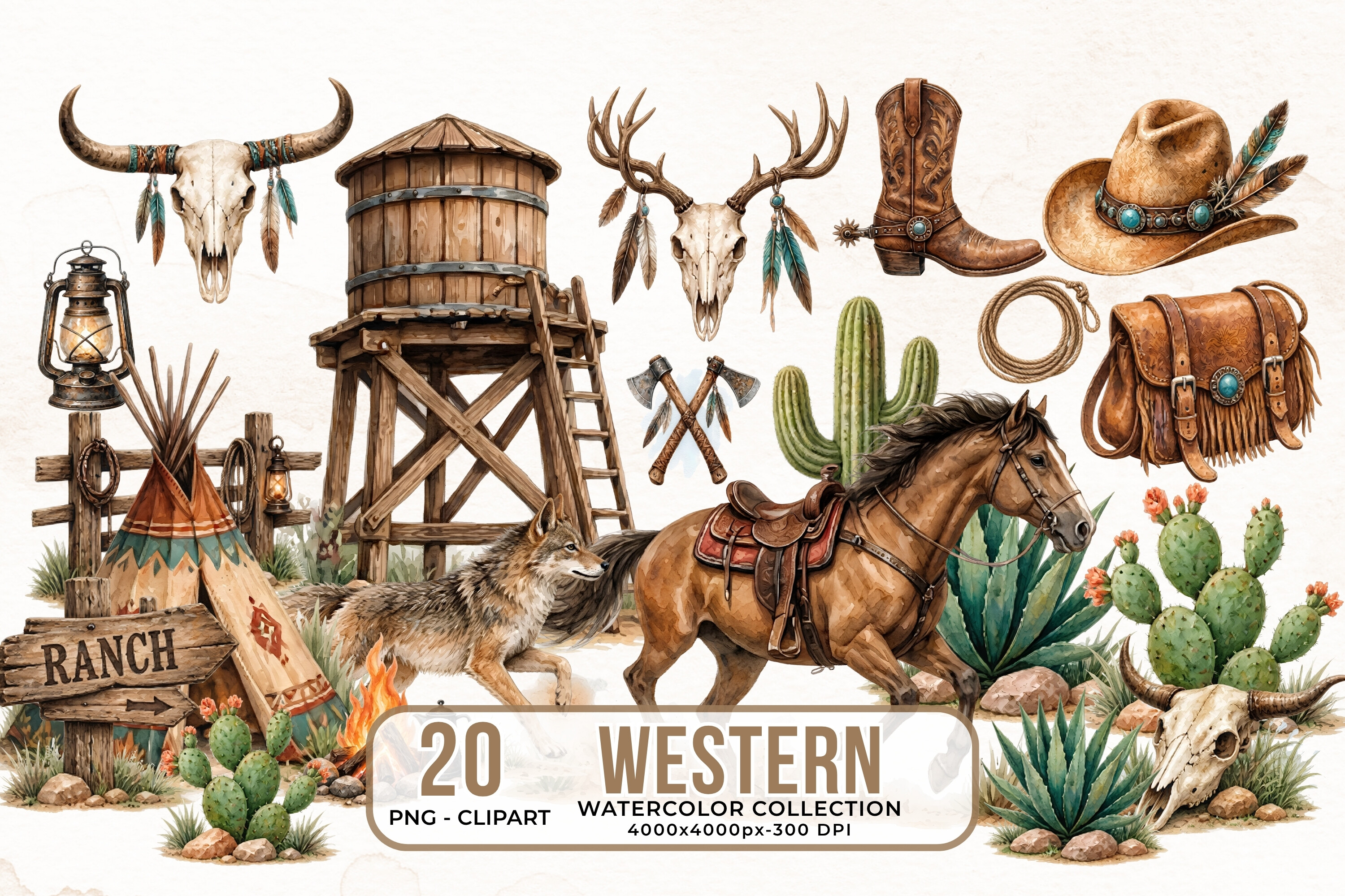 Western Clipart Bundle Watercolor Cowboy