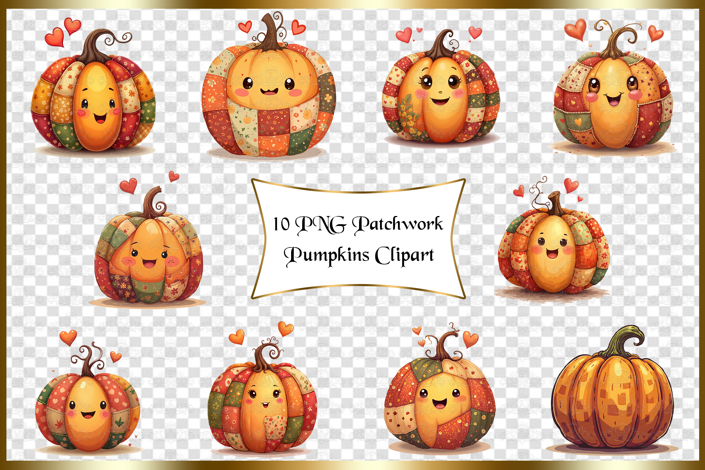 10 PNG Patchwork Pumpkins Clipart
