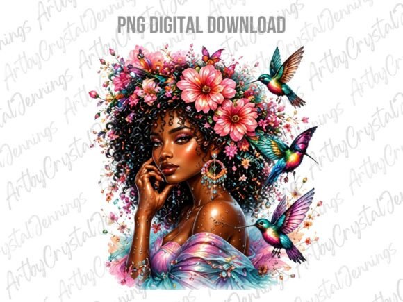 Black Woman Floral Hummingbird PNG