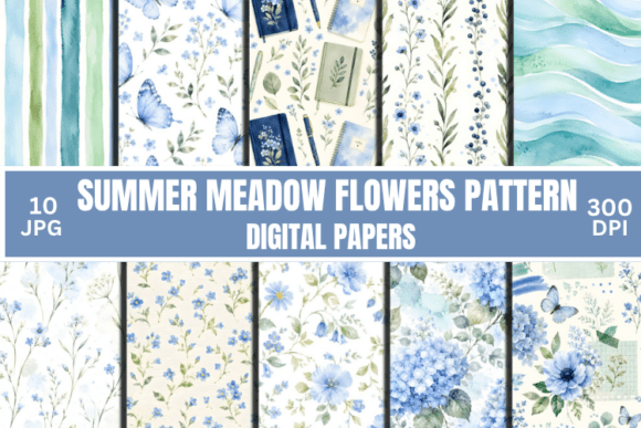 Blue Floral Watercolor Patterns Set