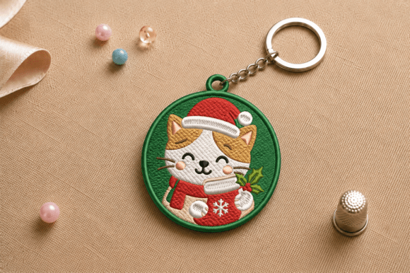 Christmas Cat Keychain Embroidery