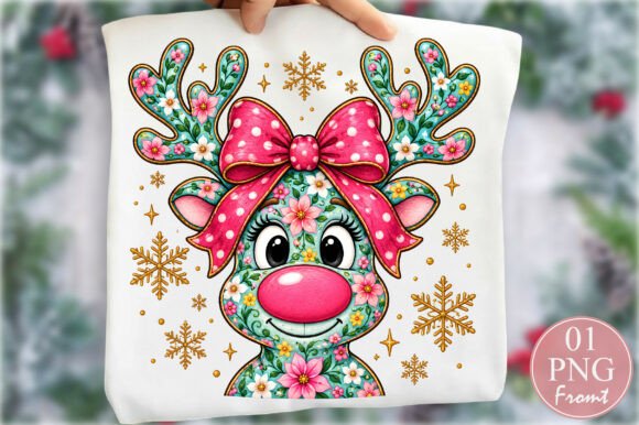 Coquette Floral Reindeer Christmas PNG