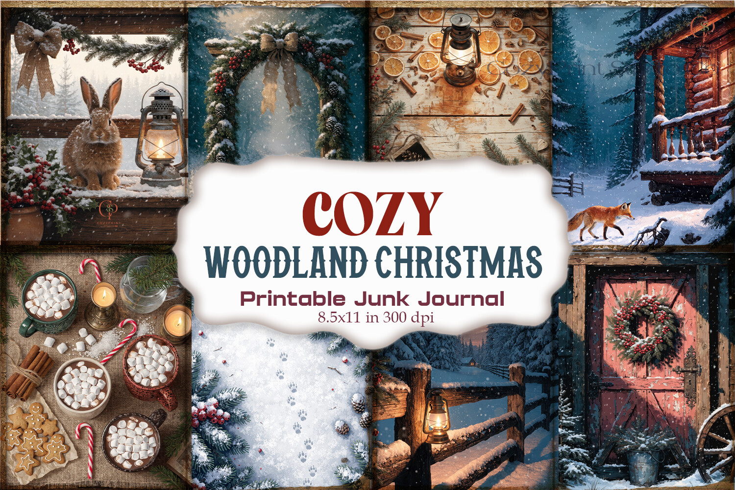 Cozy woodland Christmas junk journal pages preview with forest animals on aged paper