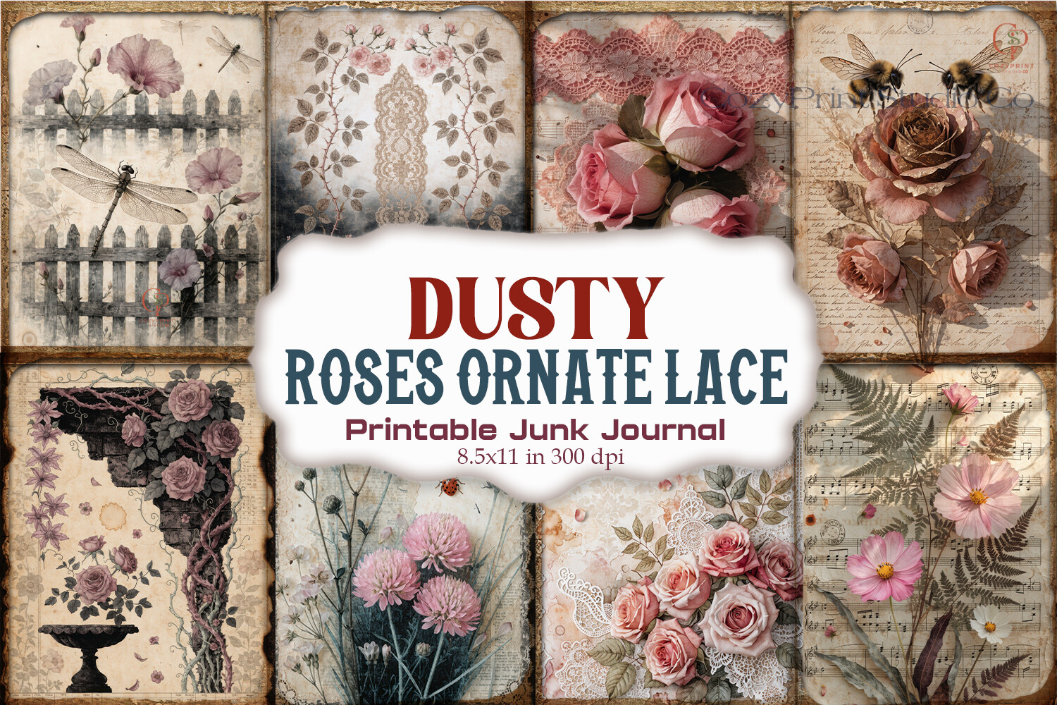 Dusty Roses Ornate Lace Junk Journal