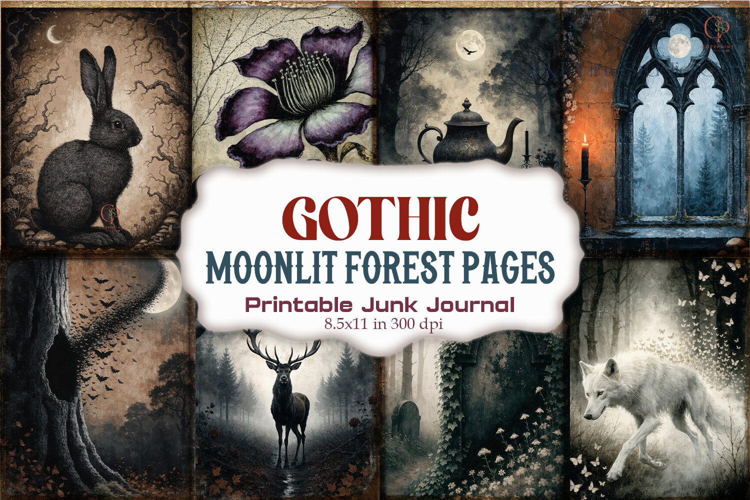 Gothic Moonlit Forest Junk Journal Pages