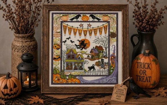 Halloween Village Cross Stitch Pattern